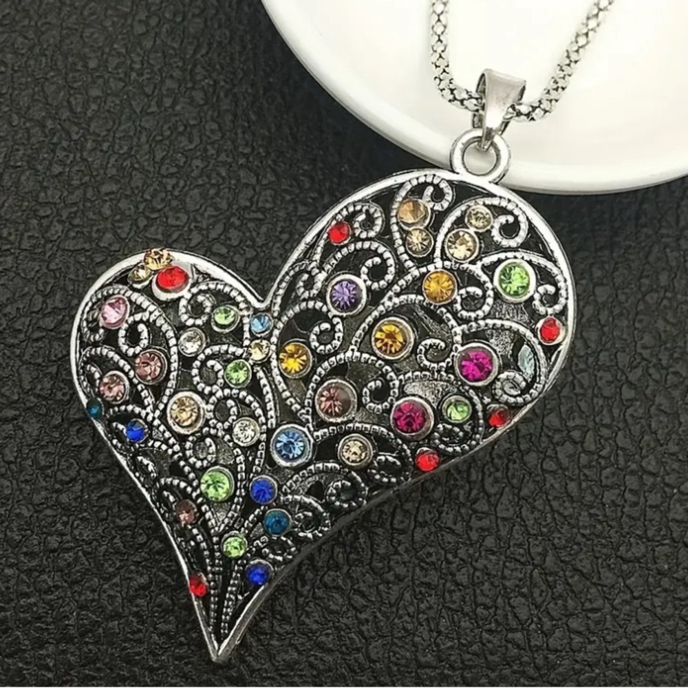 Multi-Colour Rhinestone Heart Necklace on Long 30” Chain